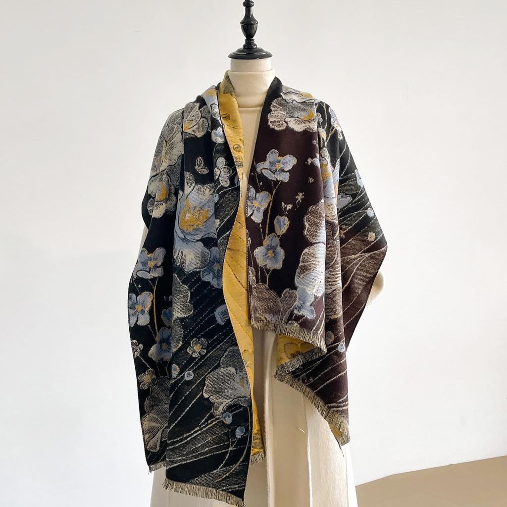 NEW Luxury Winter Cashmere Oil Painting Magnolia Design Scarf Women Warm Pashmina Blanket Poncho Scarves Female Elegance Shawl