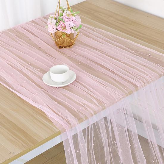 Faux Pearl Table Runner Tulle 118 X 28 Inch Sheer Gauze Fabric for Wedding Birthday Party Baby Shower Anniversary Dining Table Decor