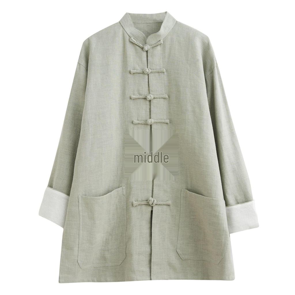 Men's Chinese Style Ramie Jacket Shirt - Casual Loose Fit with Stand Collar and Frog Buttons