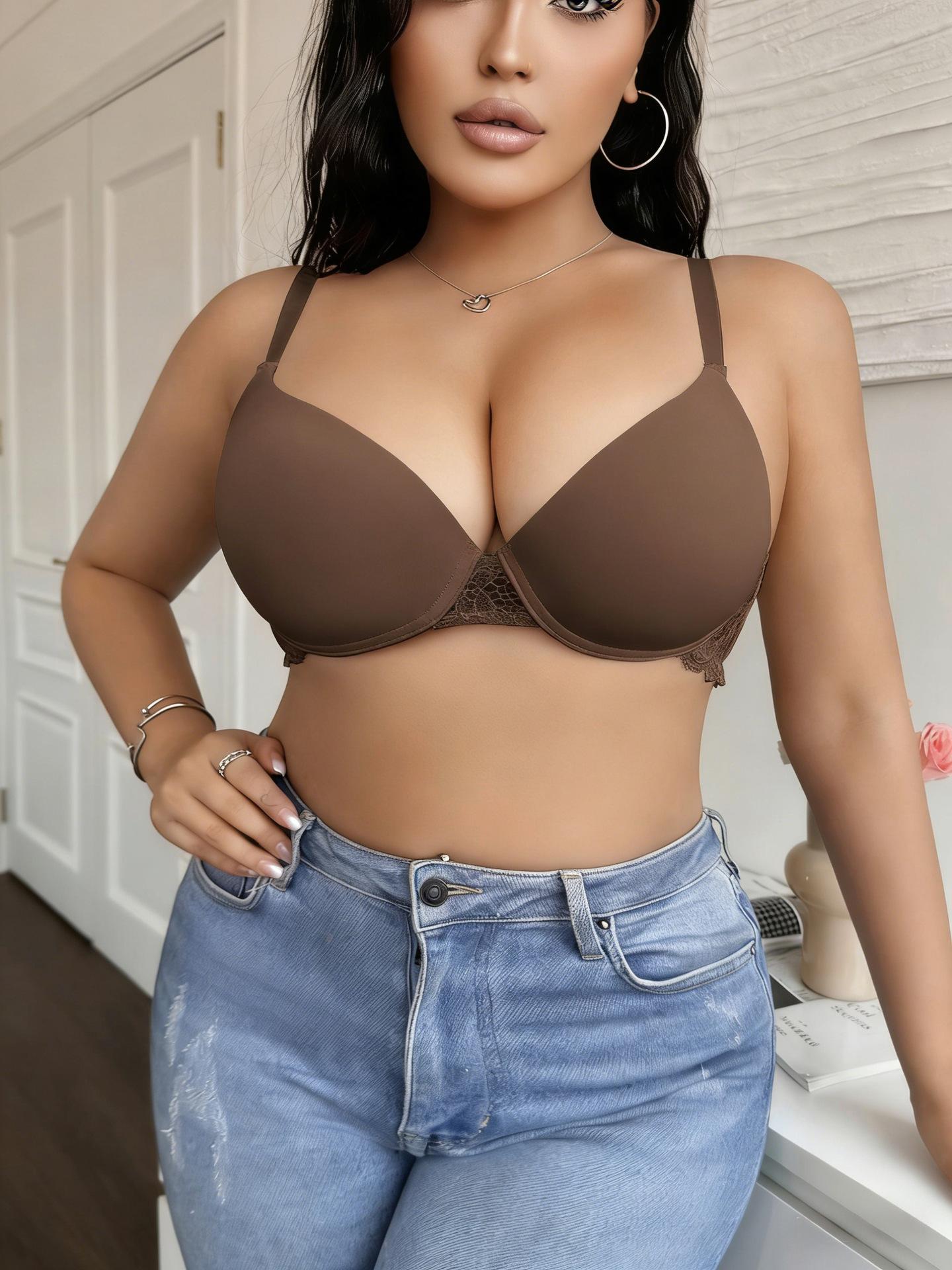 

Large size glossy lace edge thin cup bra underwear sexy gathering big breasts small 95D коричневий