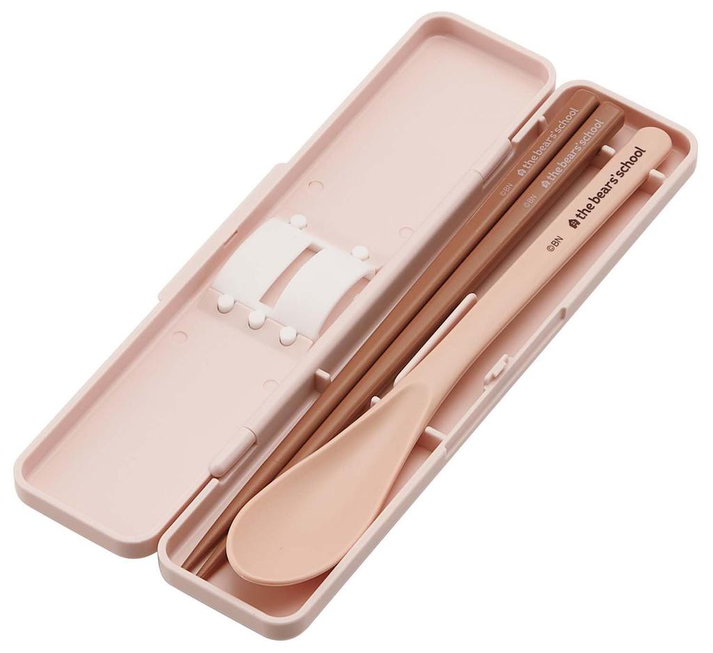 Skater Chopsticks and Spoon Set for Adults (18cm, Quiet, Made in Japan) - The Bears' School Cocoa Design - CCS3SAAG-A