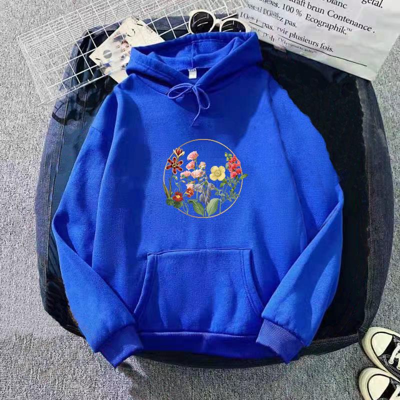 Autumn New Flower Print Sweatshirt for Women Oversize Loose Casual Velvet Hooded Hoodie Top for  Student