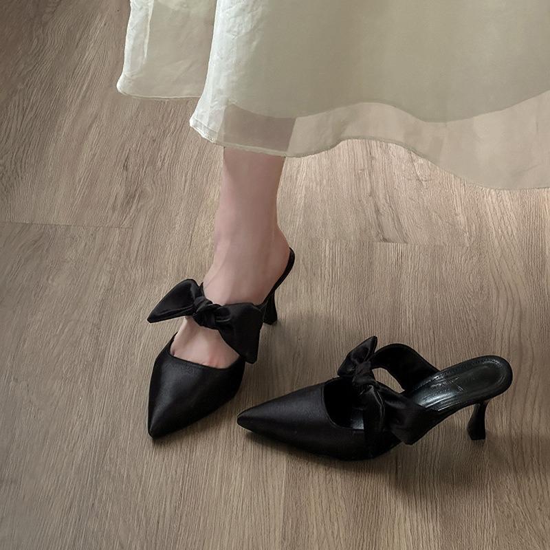 Women S Satin Pointed Toe Bow Thin Heel Half Slippers Summer