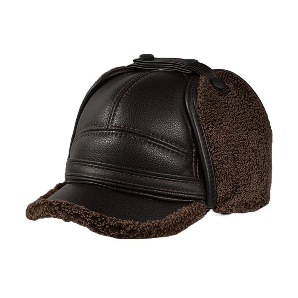 New PU Leather Men's Earmuffs Cap Thickened Outdoor Warm Baseball Cap Windproof Elderly Hat Autumn Winter