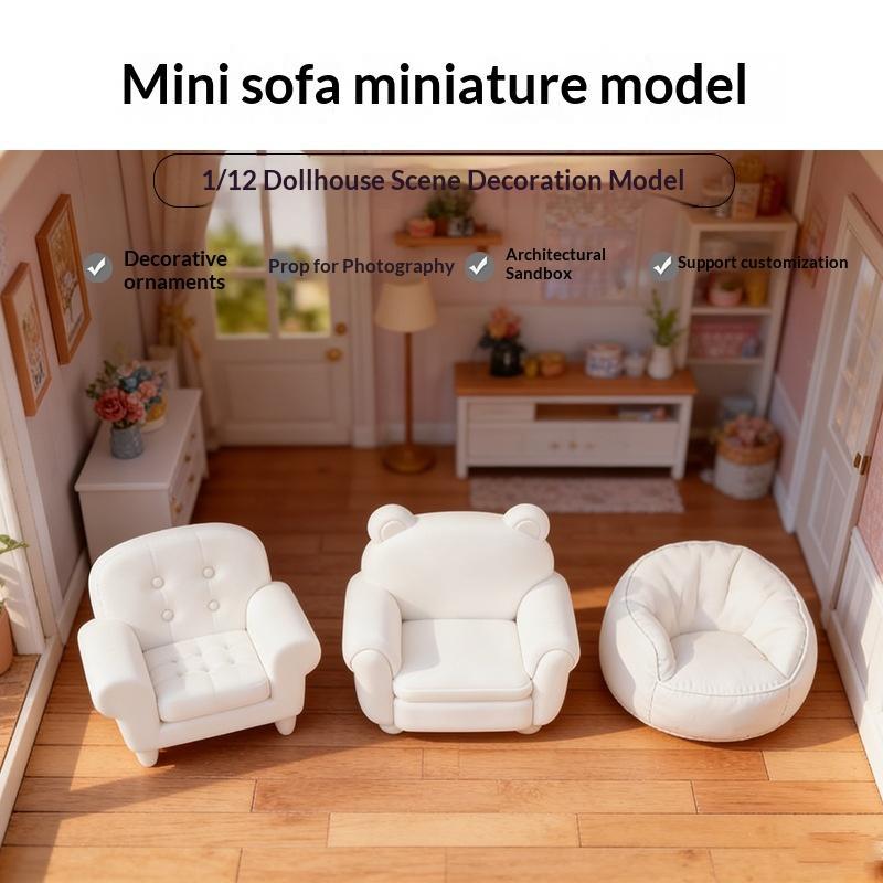 1:12 Miniature White Sofa Lovely Bear Ear Design Small Micro Furniture for Dollhouse Living Area Decoration