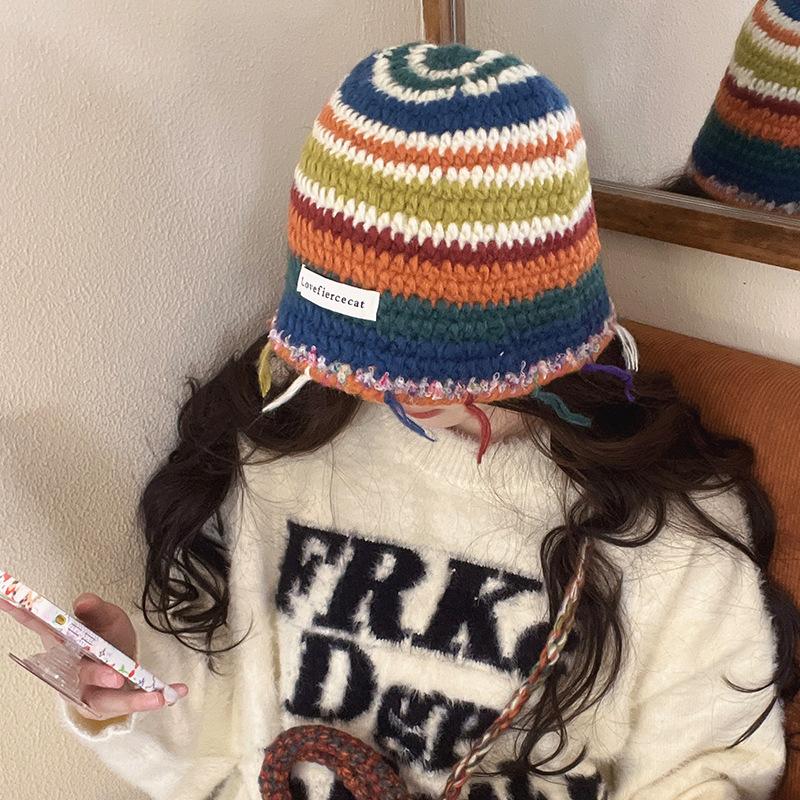 Retro Dopamine Colored Wool Hat Autumn and Winter Warm Knitted Hat Striped Korean Version Versatile Pile Hat Ear Protection Basin Hat