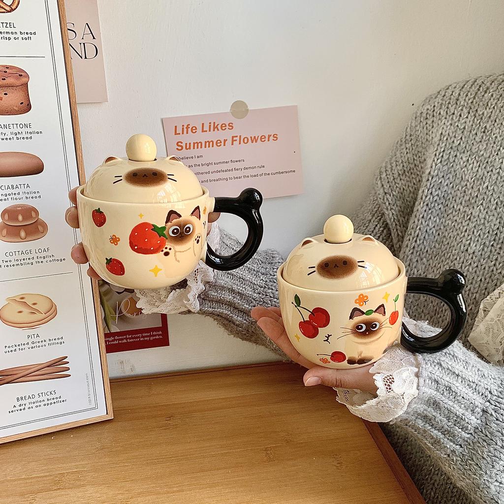 Siamese Cat Mug with Lid Spoon Cute Ceramic Cup for Women Home Office Coffee Breakfast Cup Birthday Gift