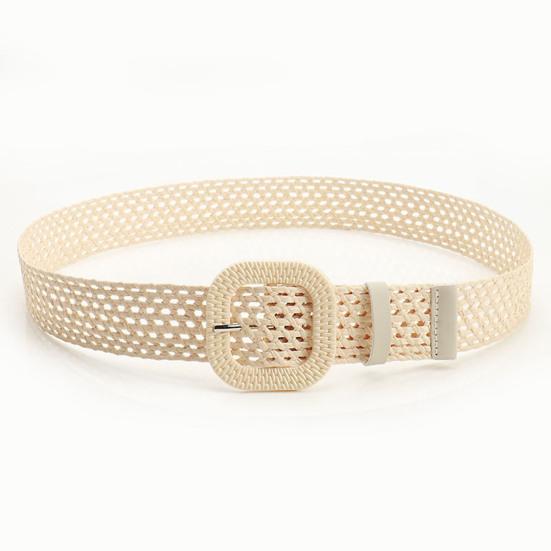 Straw Woven Belt with Oval Square Buckle Hollow Design Decorative Jeans Belt Breathable Weave Adjustable Shirt Waistband