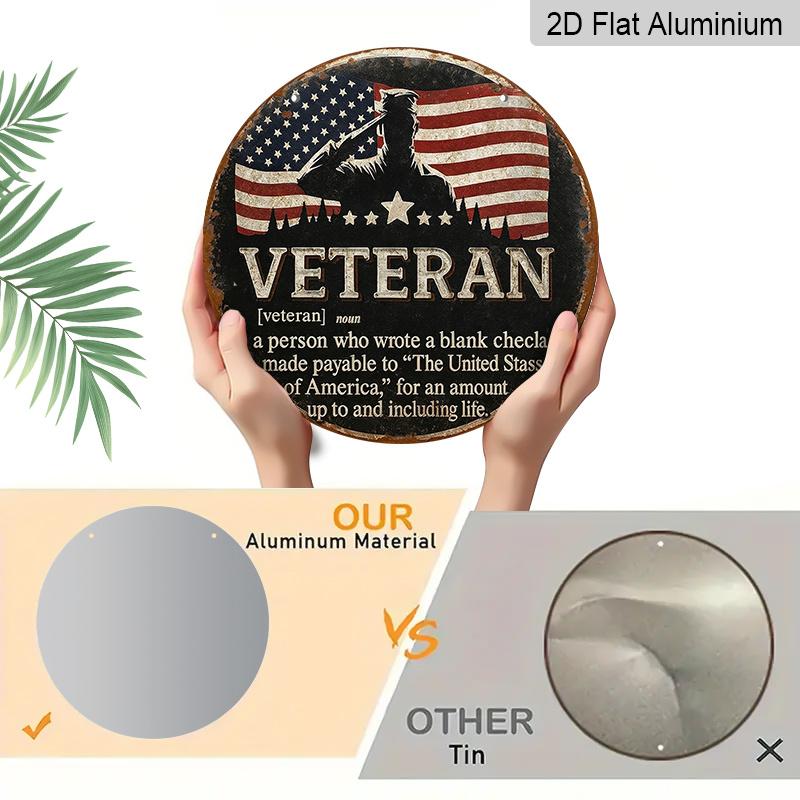 2D Flat, 1pc Round Aluminum Hanging Sign - "Veteran Definition" Patriotic Metal Wall Art, Vintage American Flag & Salute Silhouette Design, Perfect