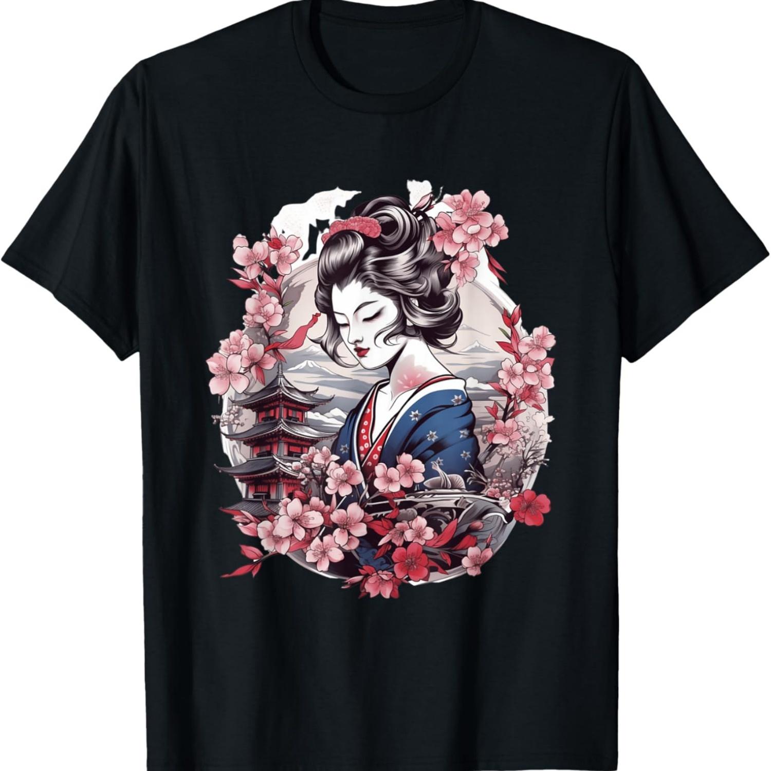 Футболка с гейшей, горой Фудзи, пагодой и цветами сакуры(33) S чёрный