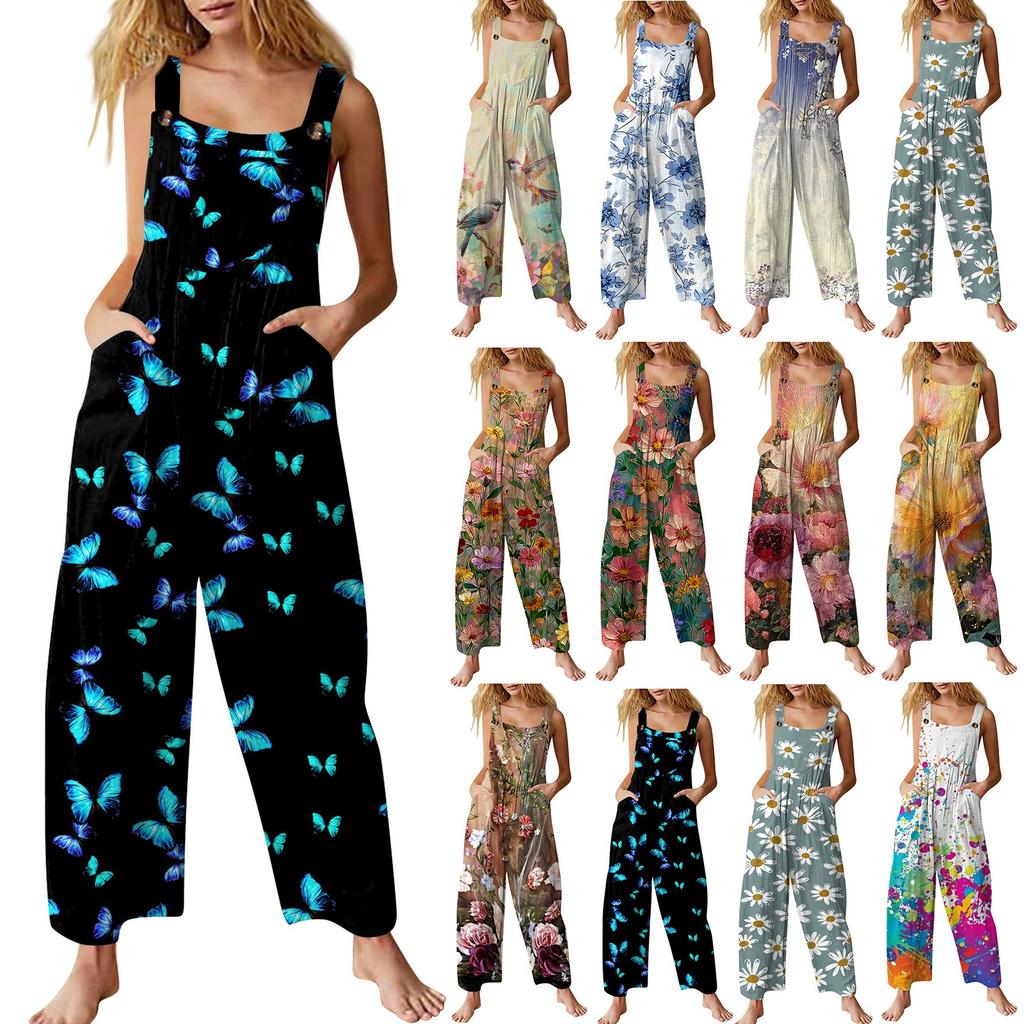 Women's Casual Jumpsuit, Sleeveless Printed Cotton Jumpsuit