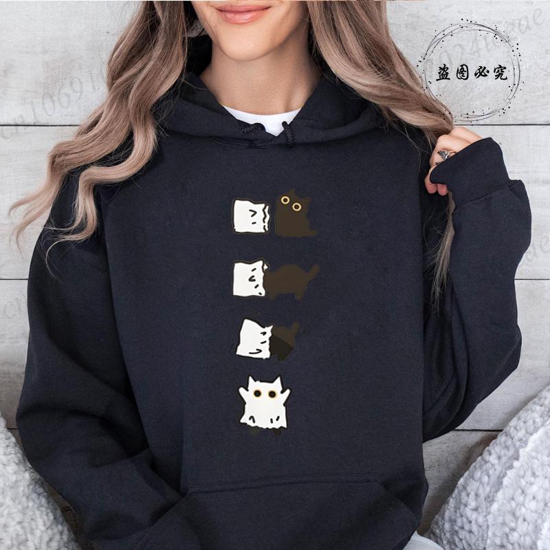 Autumn Fleece Hoodie Boo Black Cat Printed Hooded Halloween Fashion Sweatshirts Long Sleeve Top Drawstring Pockets Loose Hoodies
