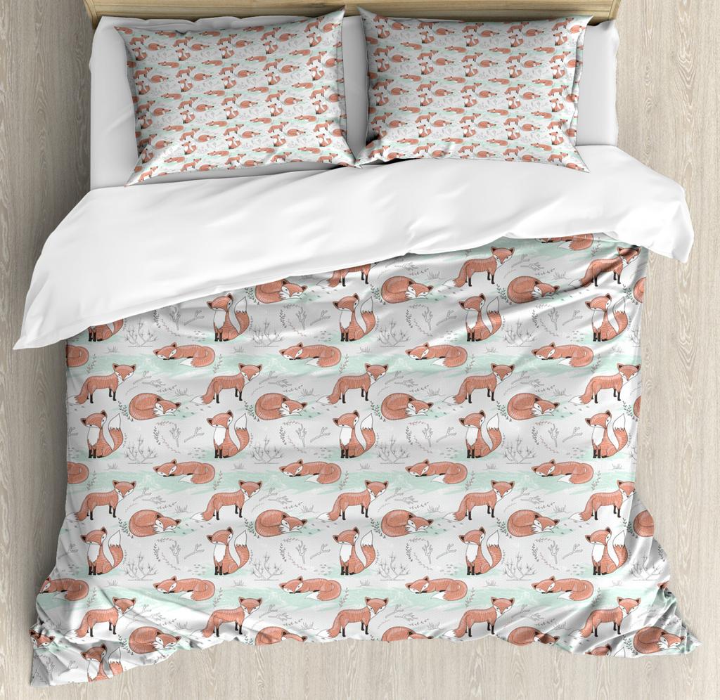 Cartoon Fox Duvet Cover King Size,Baby Fox Sleeping In A Floral Circle Image Print Bedding Set Kids Animal Quilt Cover