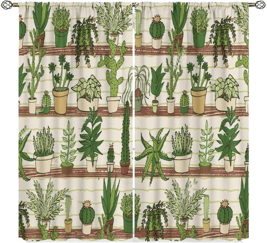 Plants Curtains, Boho Potted Green Leaves Botanical Aesthetic Garden Cartoon Animal Window Drapes for Living Room Kitchen