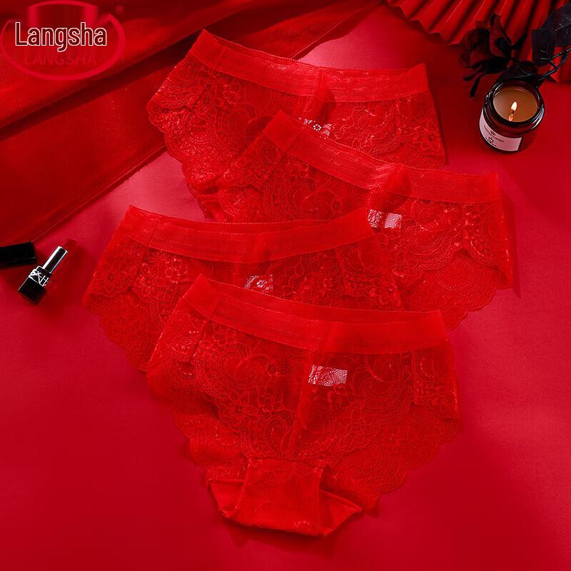 LangSha Women's Sexy Red Lace Briefs 4-Pack with Cotton Crotch