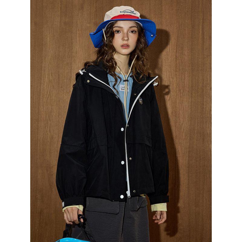 Coolhut American Retro Black Sports Jacket Loose and Versatile Casual Windbreaker Jacket