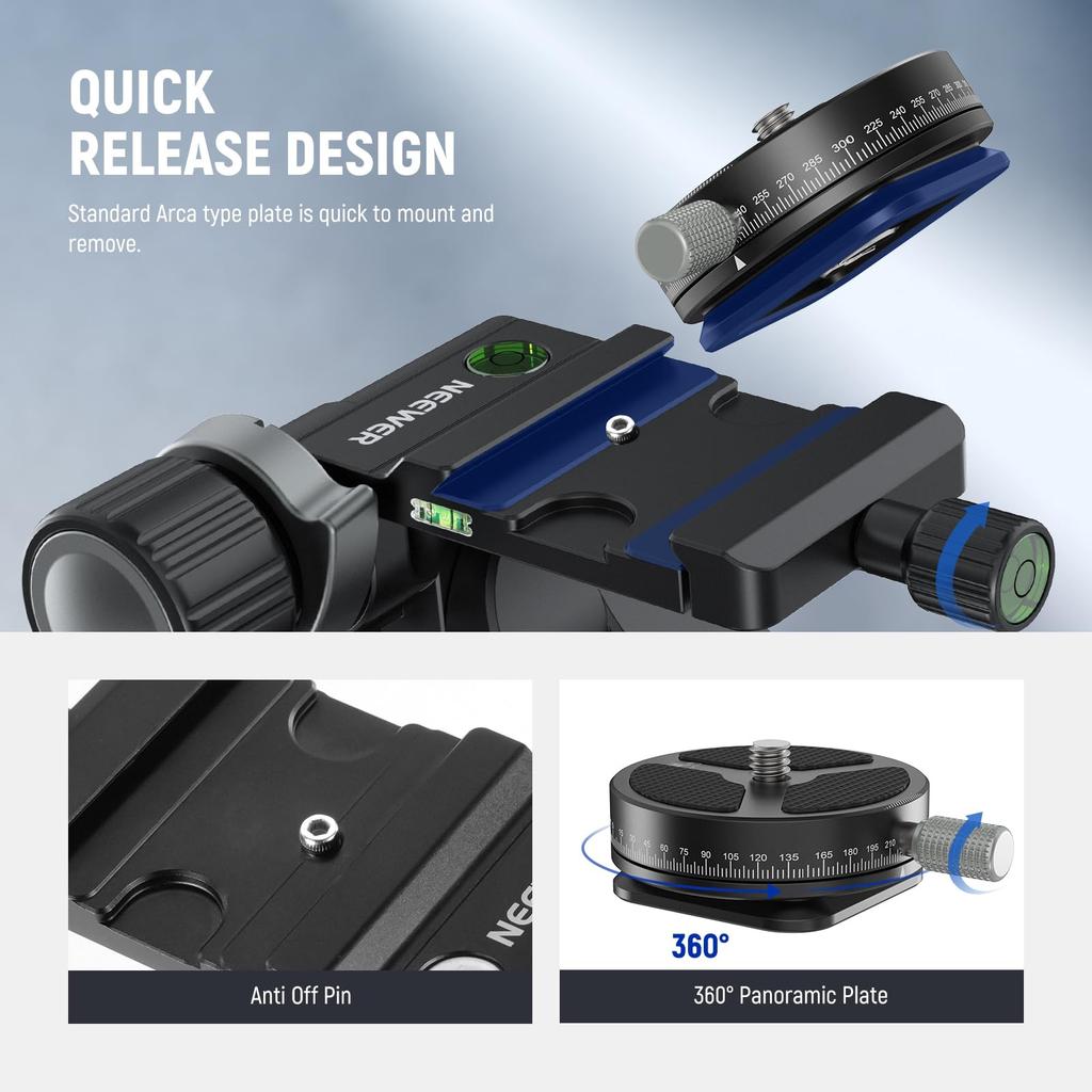 NEEWER TH16 Geared Tripod Head with Panoramic QR Aluminum Alloy Large Fine Dual Mode with Quick Maximum Load of 6kg 3-Way Head, 3-Axis Pan/Tilt