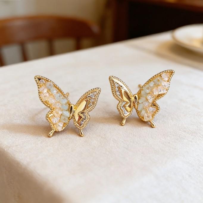 Spring Cream Butterfly Stud Earrings Premium Gilt Diamond Earrings Fairy Earrings