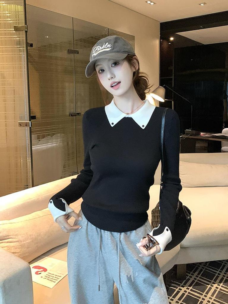 Niche Design Slim-Fit Two-Piece Knit Sweater - Women's Long-Sleeve Base Top for Autumn/Winter