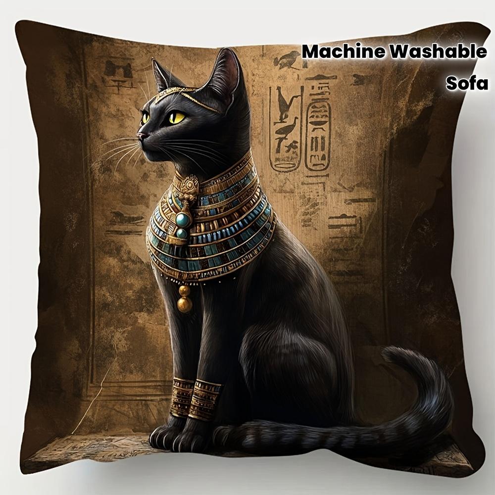 2D flat-Vintage Egyptian Bastet Black Cat Throw Pillow Cover Ancient Egypt Hieroglyphics Decorative Cushion Case for Bedroom 45x45cm-1pcs