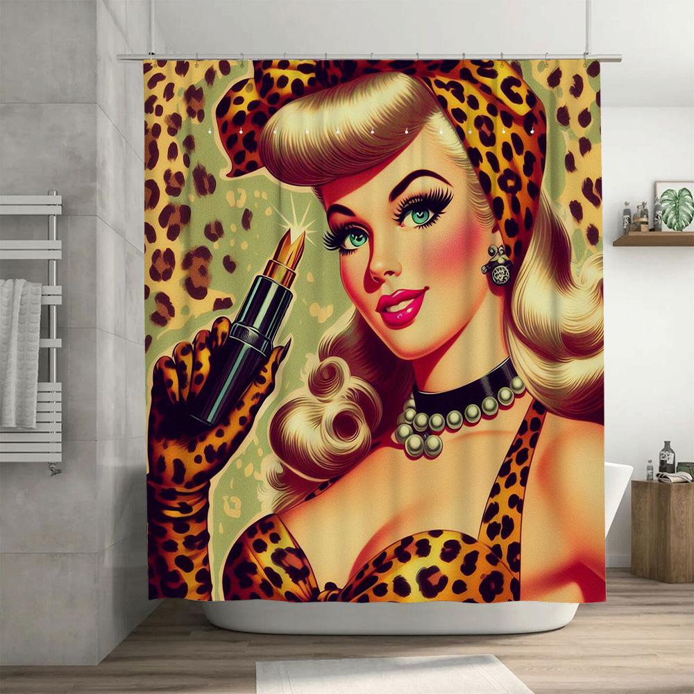 Vintage Pin Up Girl Cosmetics Shower Curtain Leopard Print Design For Bathroom Decorations