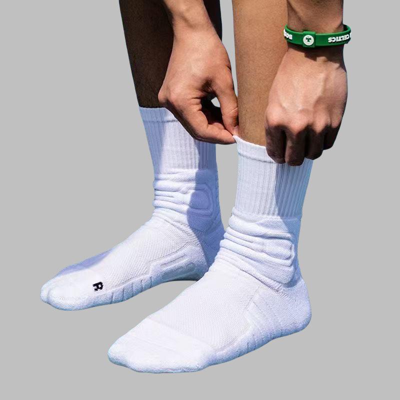 Elite Odor-Resistant Black & White Basketball Mid-Calf Socks with Thick Terry Bottom