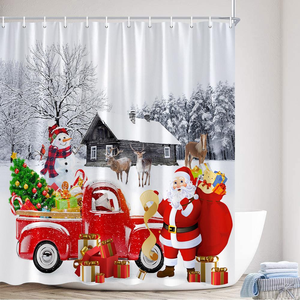 Christmas Shower Curtain Cute Snowman Santa Claus Xmas Tree Dog Winter Truck New Year Home Bathroom Curtains Decor With Hooks