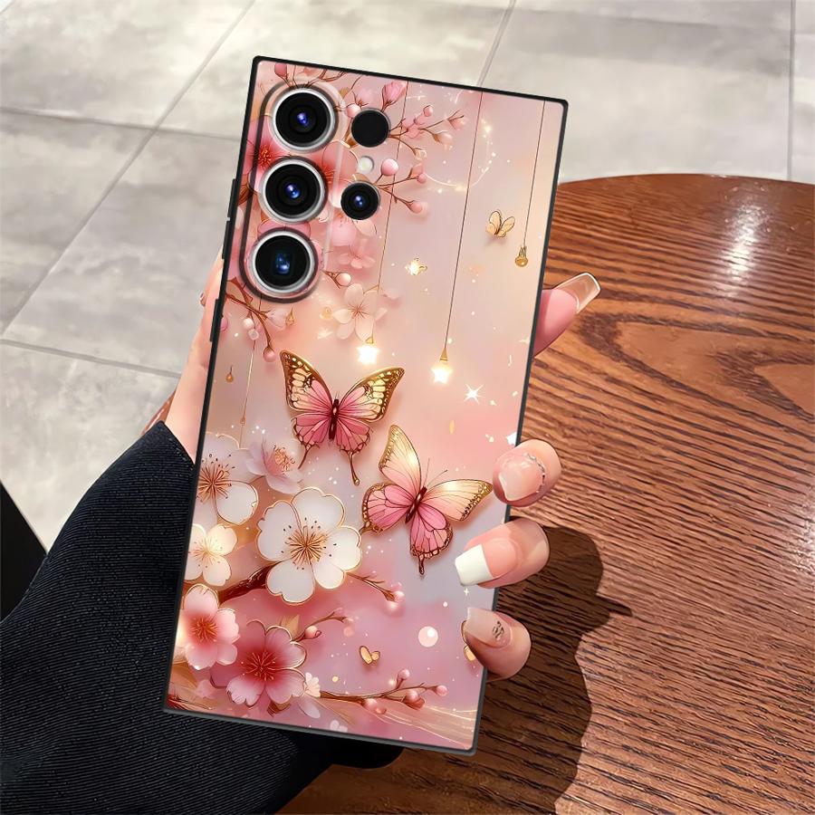 Cartoon Butterfly Pattern Black Soft Phone Cover Case for Samsung Galaxy S21 FE S25 Edge S23 Ultra S20 S24 Plus