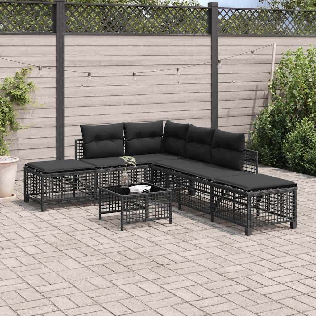 3 Piece Garden Corner Sofa Set with Cushions Black Poly Rattan