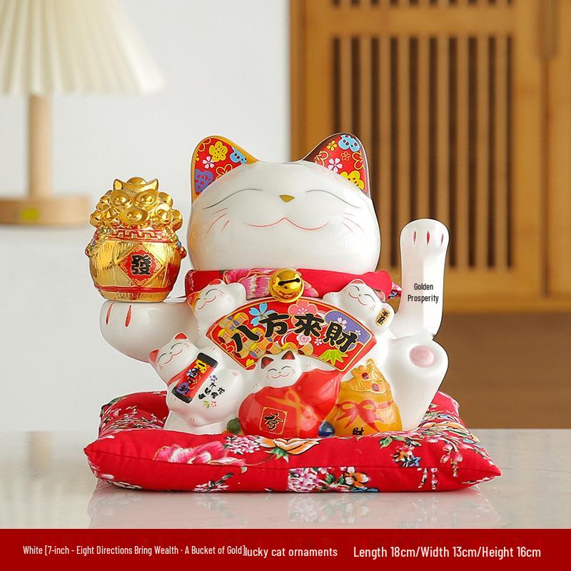 Electric Waving Lucky Cat Ceramic Ornament for Home, Living Room, Shop, or Cashier Desk.