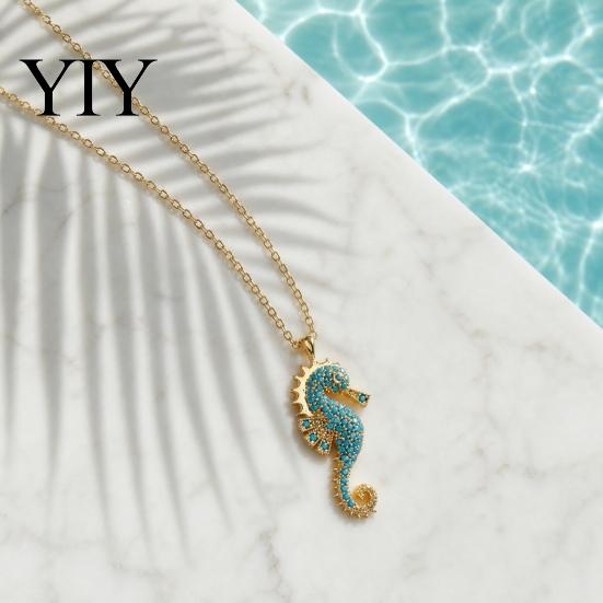 Lightweight Fashion Necklace Women Blue Seahorse Necklace, Rhinestone Pendant Stylish Sea Stunning Ocean Creature Summer Beach Gift for Her