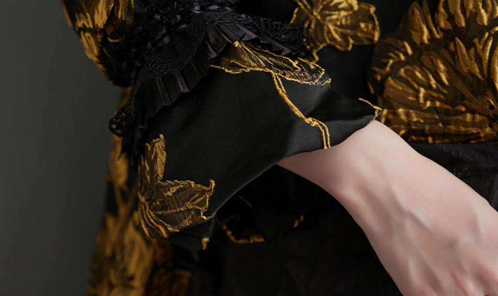 Lady A Jacquard Dress with Gold Embroidery and In Lazy Trendy, 5/8-sleeve, High-neck, Knee-length Black.