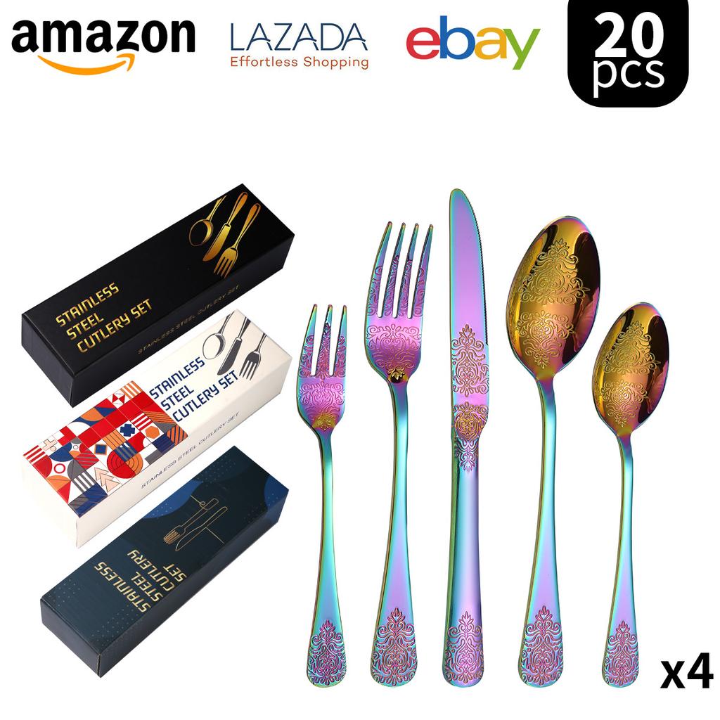 Double-Headed Flower Pattern Tableware Knife, Fork and Spoon 430 Stainless Steel Advanced Western Tableware 5 Main Pieces Suit