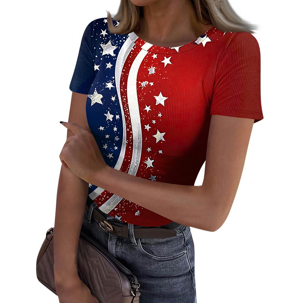 Women's Casual Fashion Round Neck Independence Day Print Short-Sleeve Ribbed Top
