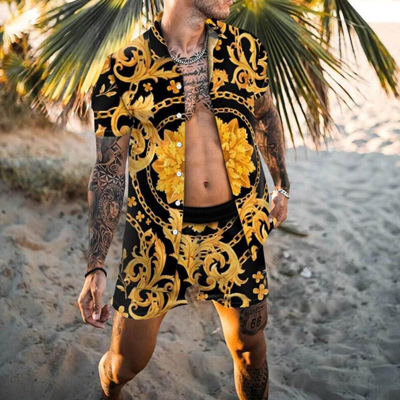 2022 Summer European & American Men's Casual Loose Short-sleeved Shirt & Shorts Beach Set