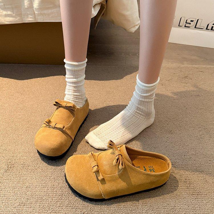 [Yushilai] Bow-tie sweet bag head slippers women's spring 2025 new flat bottom with skirt one pedal