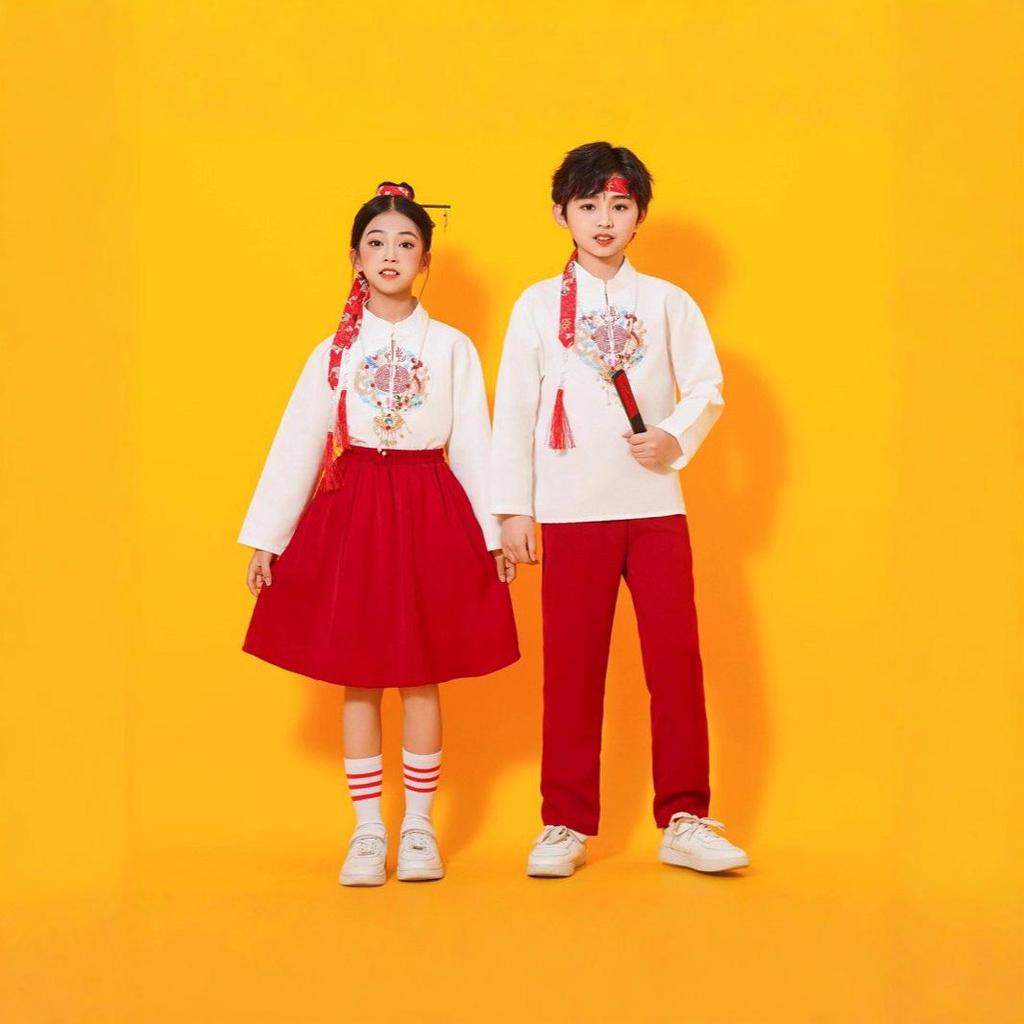 Chinese Style Children's Performance Costumes for Girls - Choir, Recitation, Sports Meeting, and School Uniforms