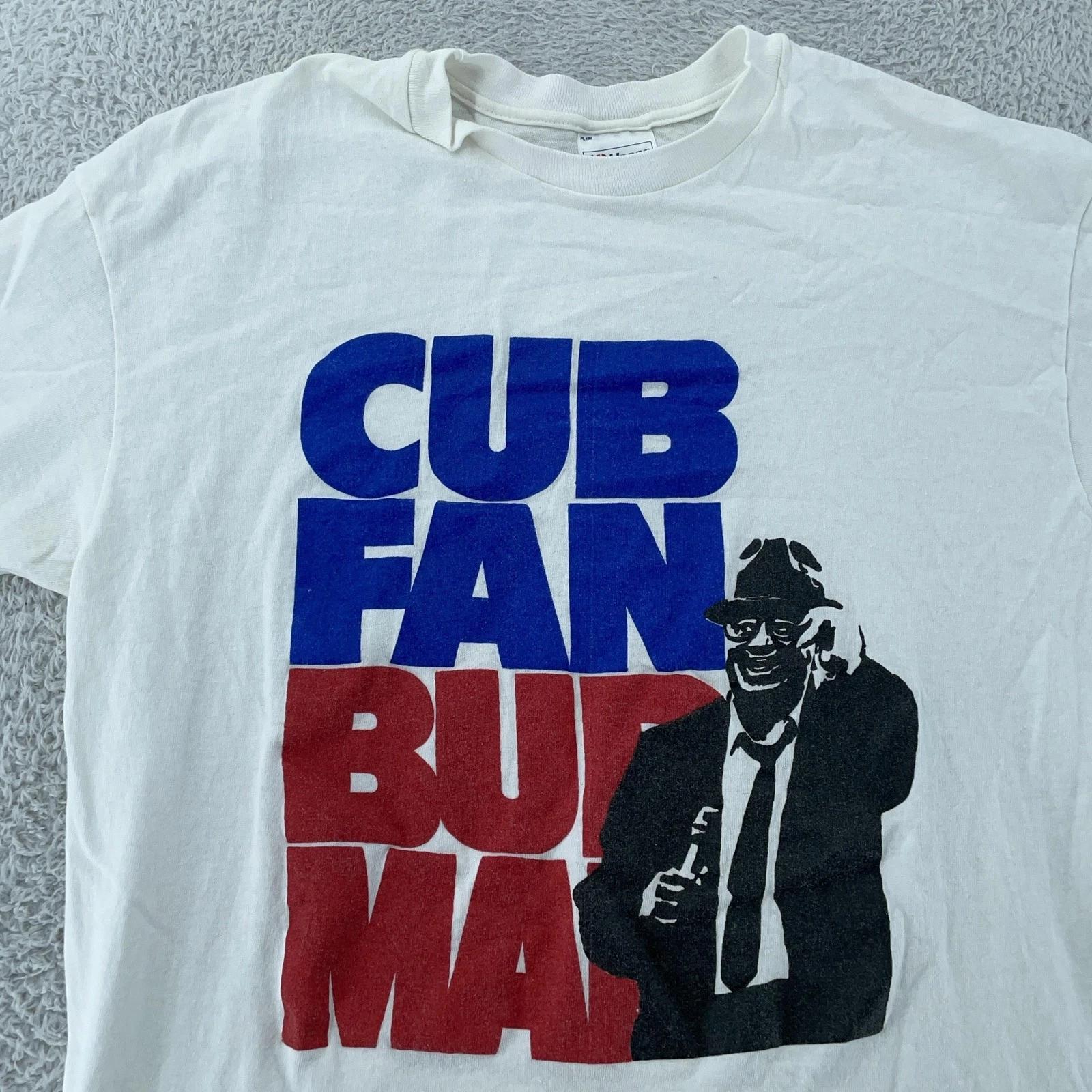 Vtg Chicago Cubs Fan Bud Man Harry Caray Shirt M/L White MLB Baseball Tee 90s M