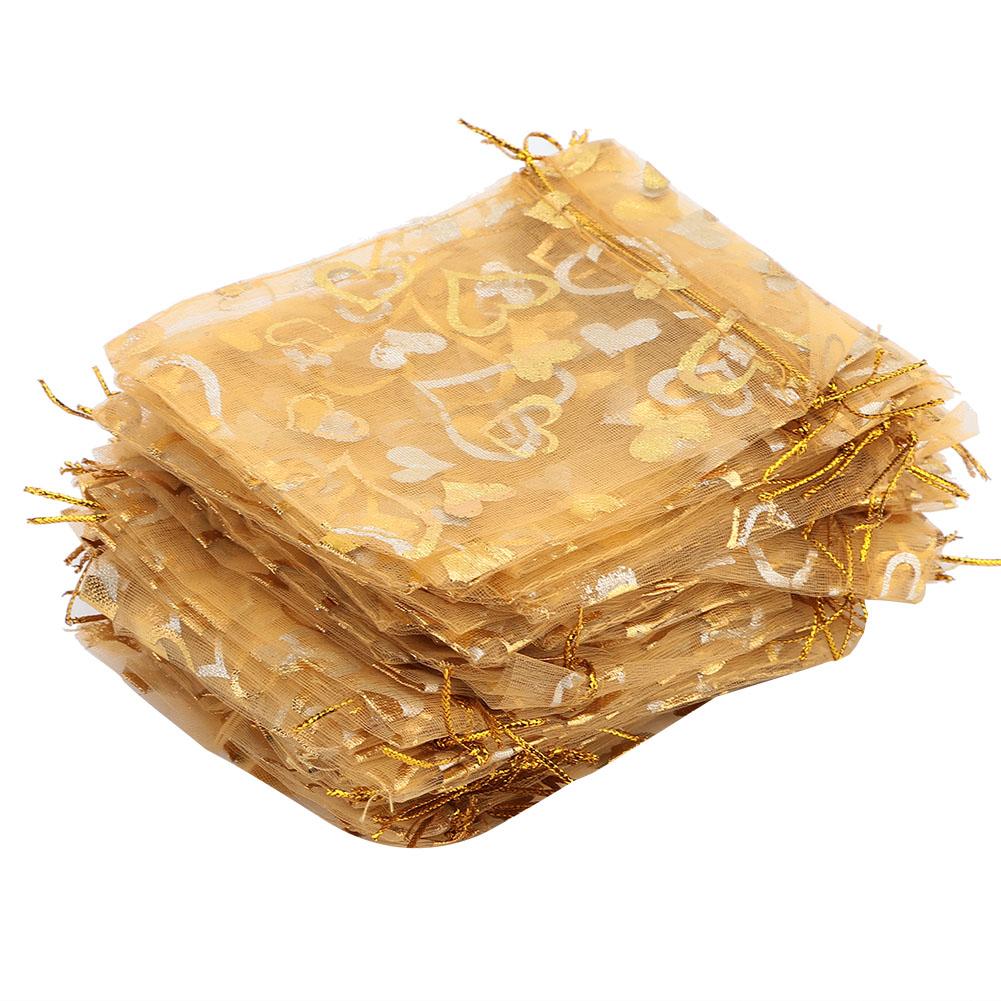 100 ks Síťovaný sáček Svatba Dárek Cukroví Šperky Pouzdro Stahovací sáčky 5 barev(Zlato)