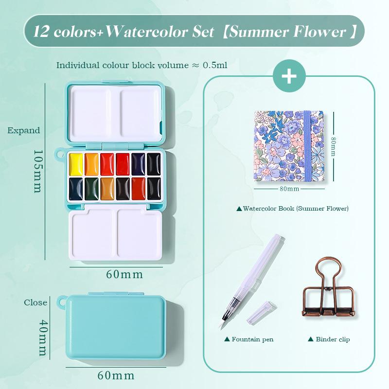 12/24 Colors Portable Travel Watercolor Palette With Waterbox Mini Paint Box Sketchbook Water Brush Student Outing Art Supplies