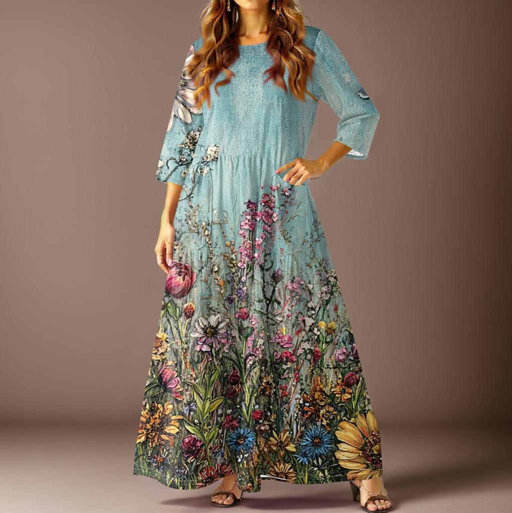 Damen Freizeitmode Blumenmuster Dreiviertelarm Langes Kleid mit Taschen