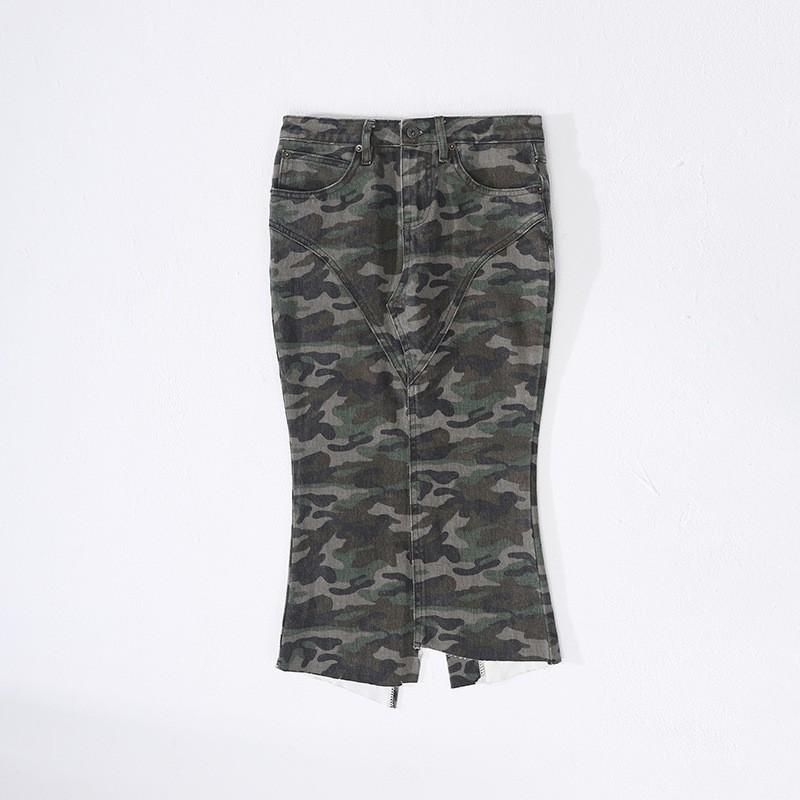 Vintage High Waist Camo Slim Fit Ruffled Denim Mini Skirt