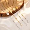 Rosenkranz Jungfrau Kreuz Anhänger Y-förmige Halskette für Frauen, Edelstahl Gliederkette Perlen Gebetskette, Maria Schmuck Geschenk