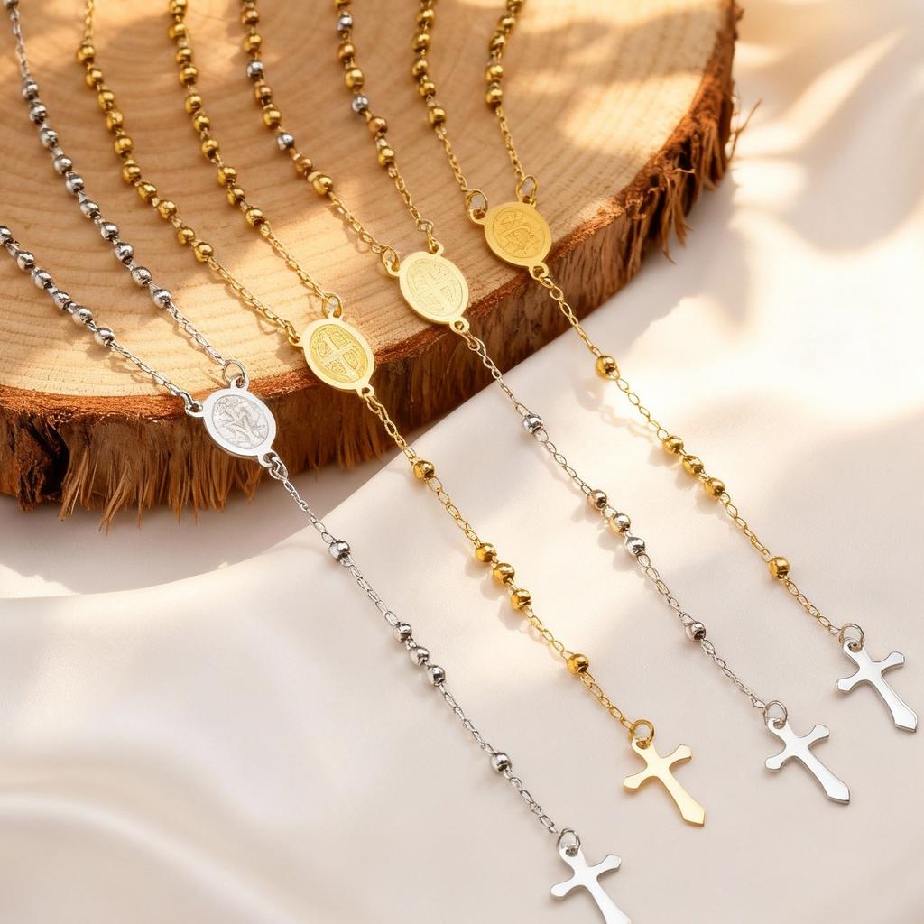 Rosenkranz Jungfrau Kreuz Anhänger Y-förmige Halskette für Frauen, Edelstahl Gliederkette Perlen Gebetskette, Maria Schmuck Geschenk