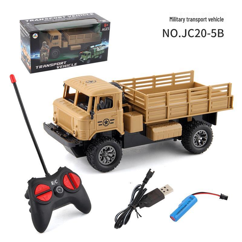 Four-Wheel Drive RC Military Transport Vehicle with USB Charging, LED Lights, and Climbing Rubber Tires