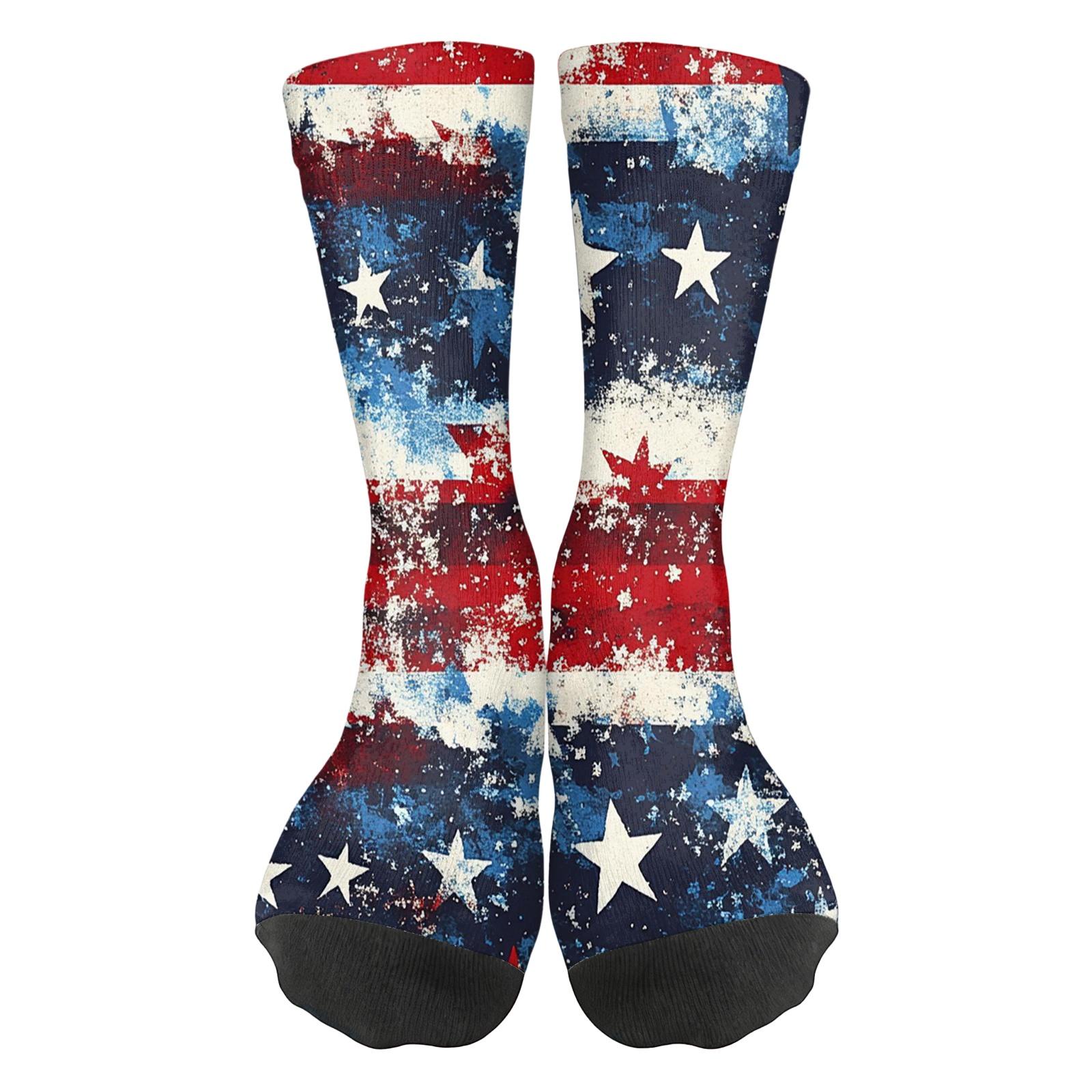 

Unisex Crew Socks with Abstract Striped Pattern and Star Print Comfortable Stretch Fabric for Daily Wear or Sports One Size Темно-синій