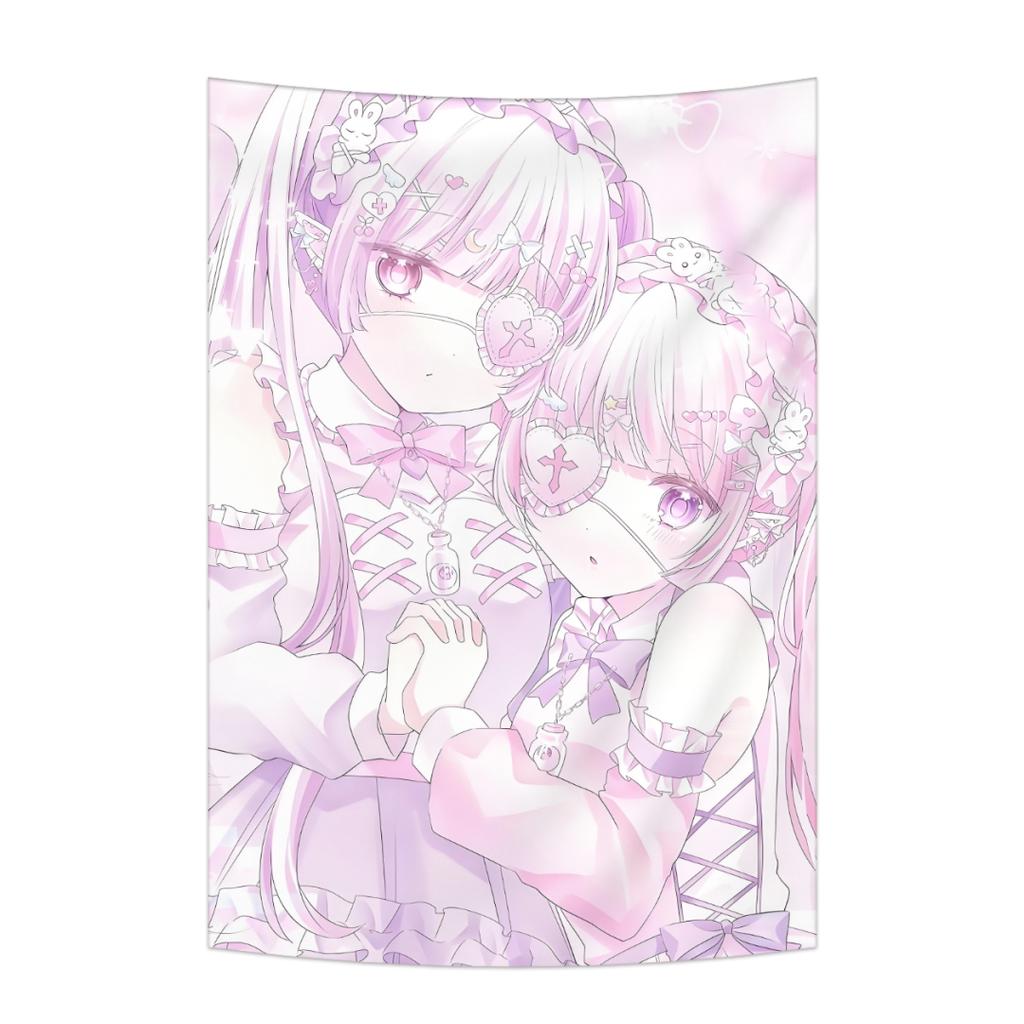 Sweet Anime Girl Tapestry Kawaii Cartoon Style With Cute Animals And Japanese Phrases Wall Decor Background Cloth