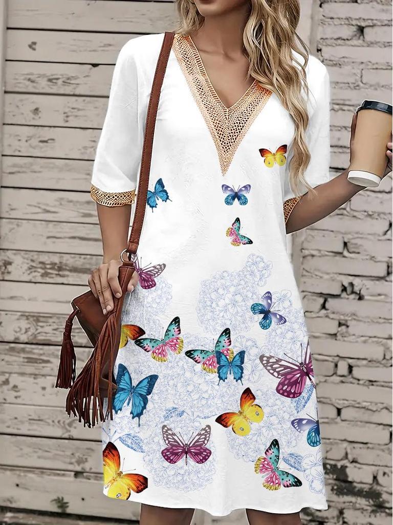 2025 Spring/Summer Lace V-Neck Print Midi Dress with Loose Hem