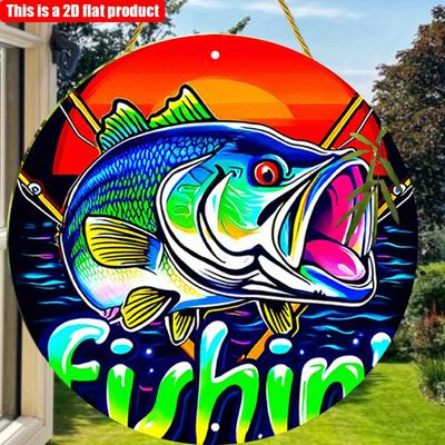 2D Flat 20*20cm1pc Fishing Theme Vivid Colorful Big Fish with Open Mouth Pattern Circular Wooden Plaque, Bohemian Fishing Village Style Wall Hanging