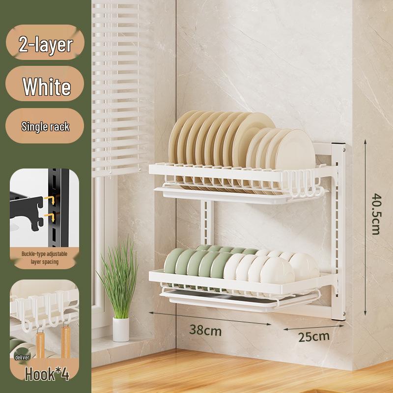 No-Punch Wall-Mounted Dish Drying Rack with Plate and Chopsticks Holder